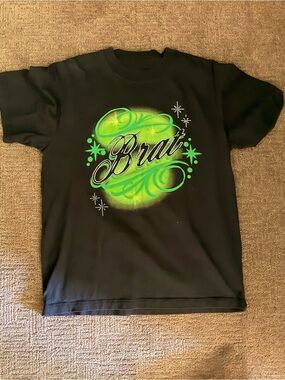 Black T-Shirt with Neon Green 'Brat' Graphic